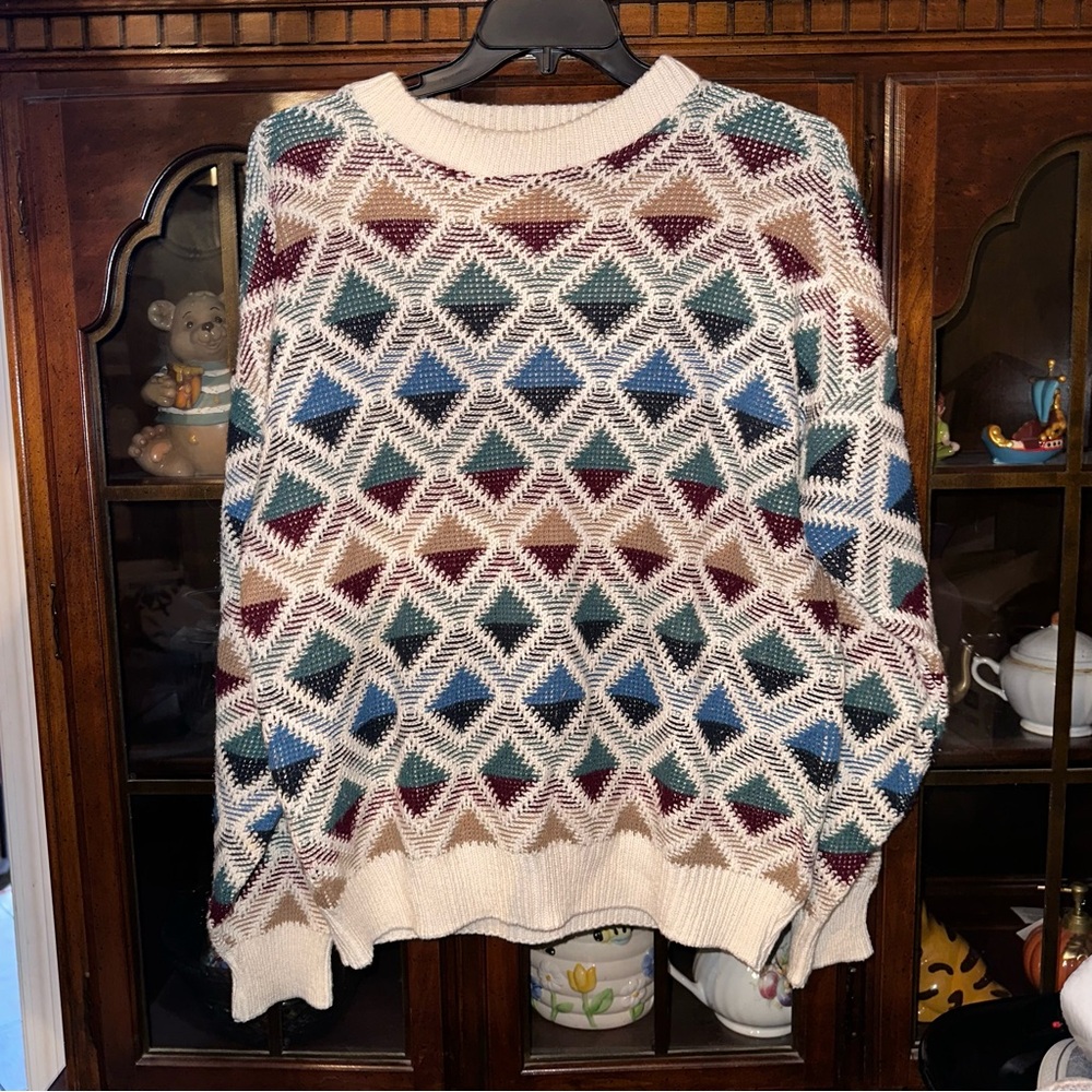 Men's Sweater John Weitz 90s Style Size LARGE Rainbow Diamond Knit Sweater